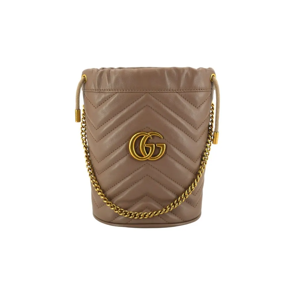 Gucci Shoulder Bag GG Marmont Bucket Beige Leather Good - Front View