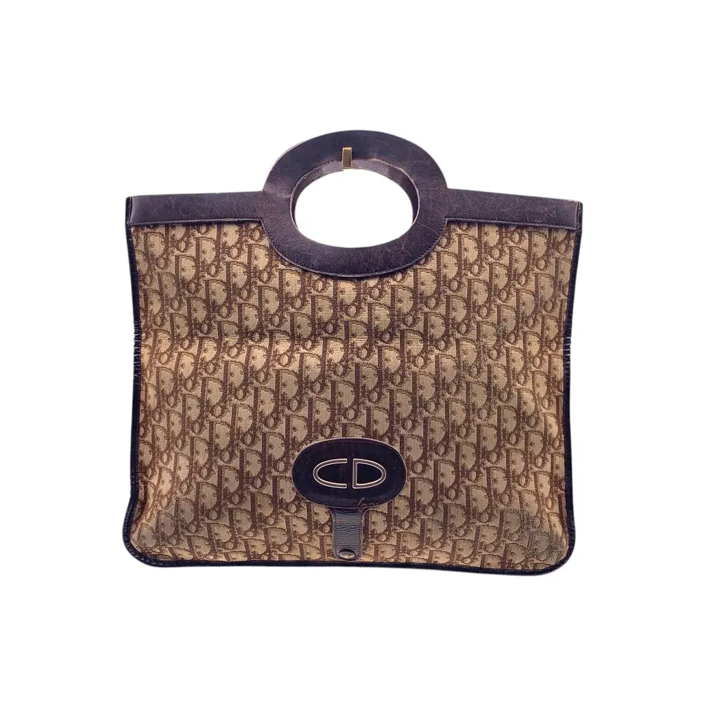 Dior Clutch Bag Vintage Trotter Brown Canvas Good - Front View