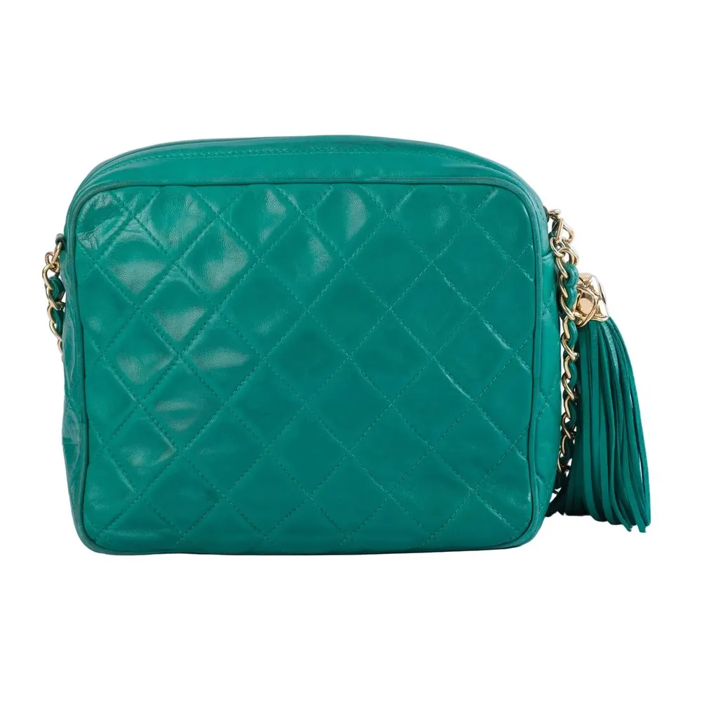 Chanel Emerald Green Quilted Lambskin Front Pocket Tassel Camera Bag Gold Hardware -'90s Green Leather Good - Model View