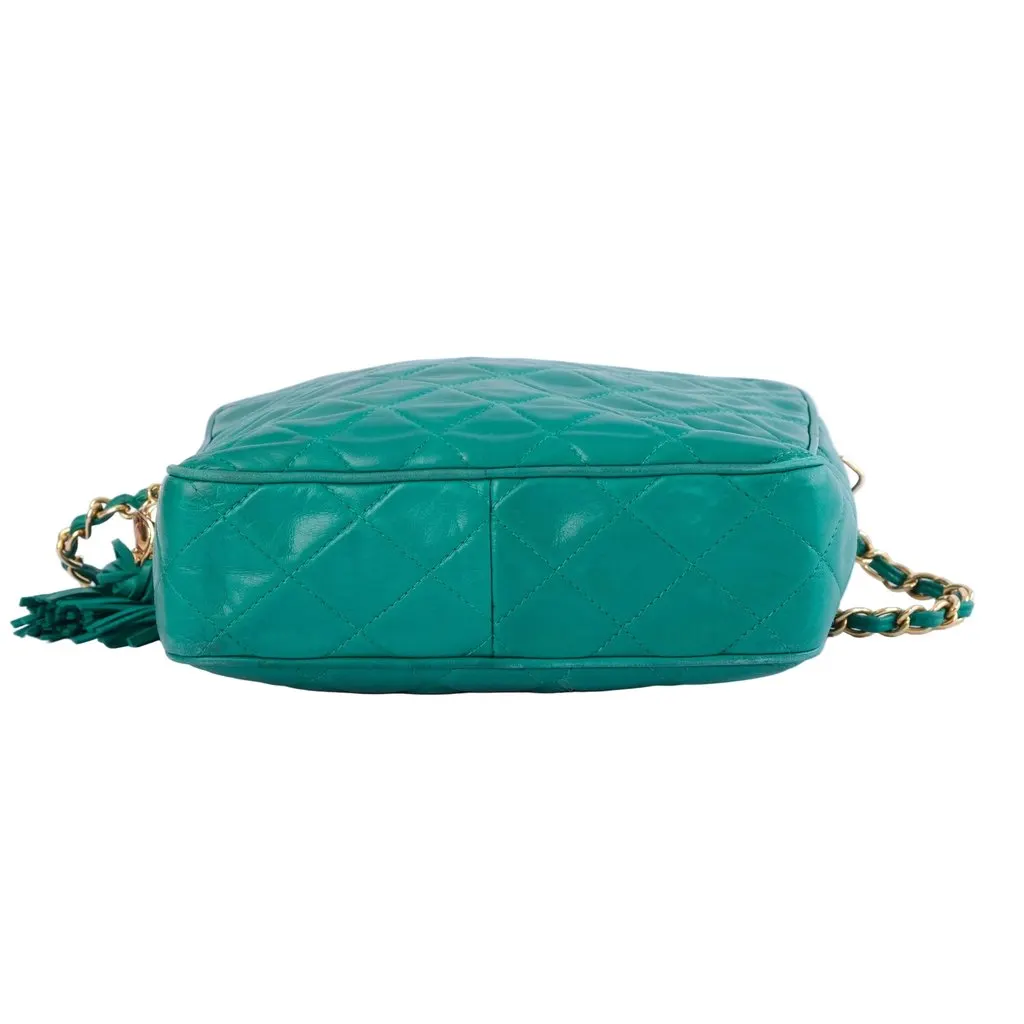 Chanel Emerald Green Quilted Lambskin Front Pocket Tassel Camera Bag Gold Hardware -'90s Green Leather Good - Box View