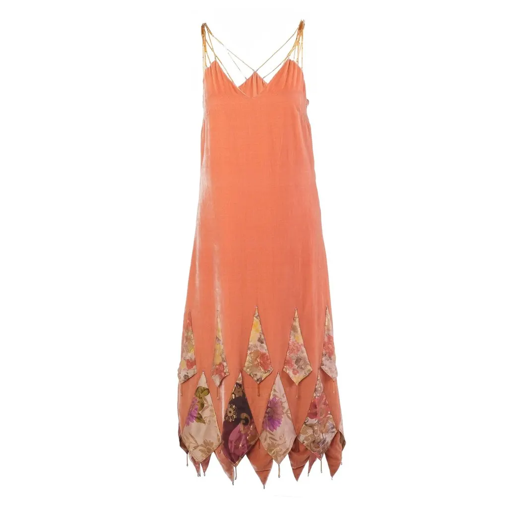 Unsigned Vintage Coral Velvet Beaded Handkerchief-Hem Evening Dress - ’30s