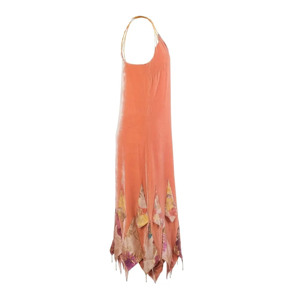 Unsigned Vintage Coral Velvet Beaded Handkerchief-Hem Evening Dress - ’30s Red Velvet Good - Back View