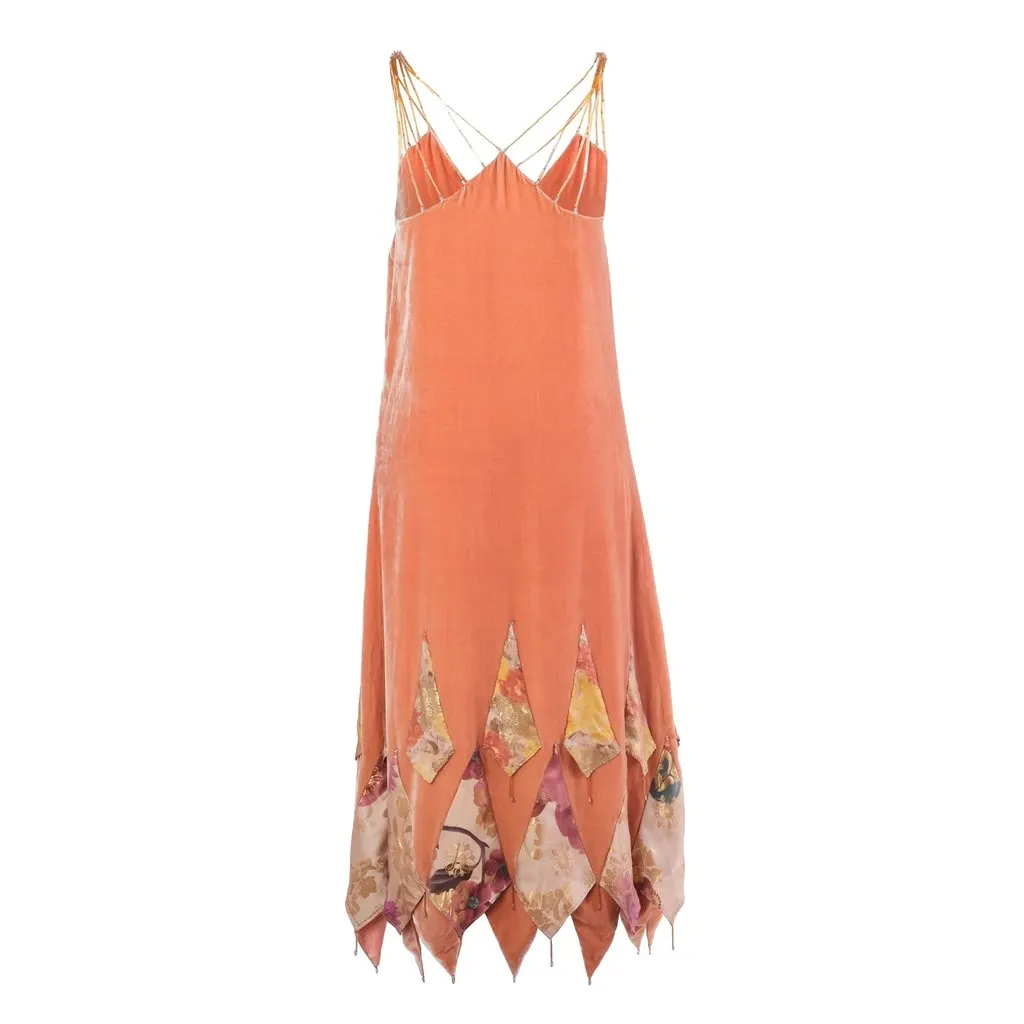 Unsigned Vintage Coral Velvet Beaded Handkerchief-Hem Evening Dress - ’30s Red Velvet Good - Inside View