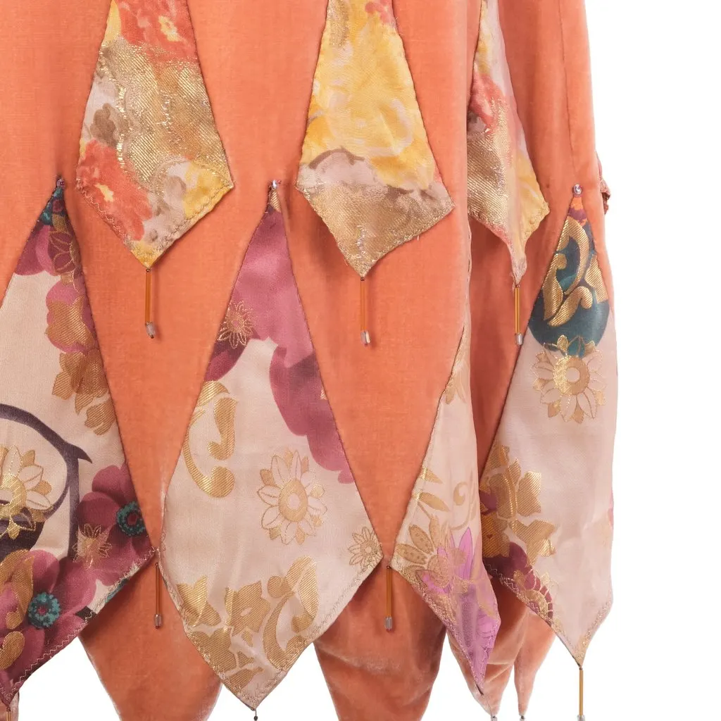 Unsigned Vintage Coral Velvet Beaded Handkerchief-Hem Evening Dress - ’30s Red Velvet Good - Model View