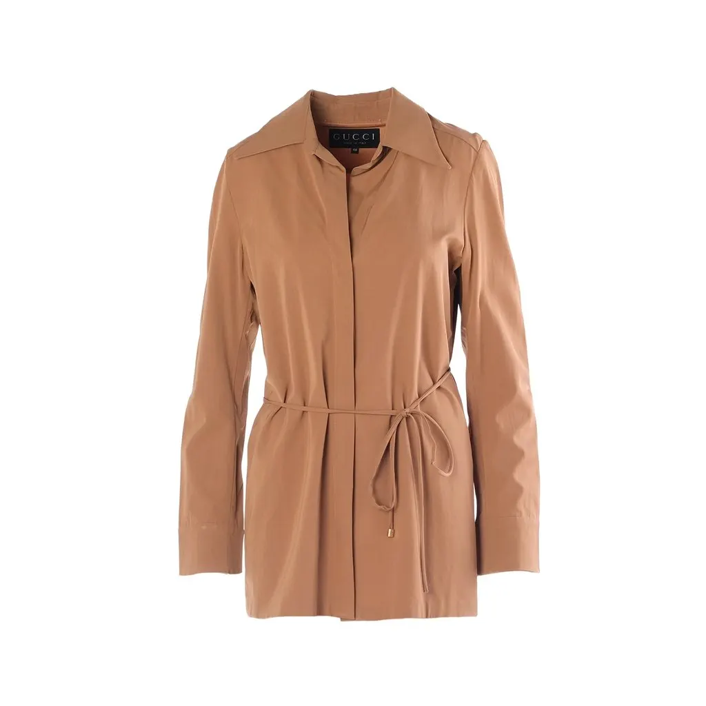 Gucci by Tom Ford Camel Two-Piece Pant & Wrap Blouse Ensemble - '90s Camel Good - Model View