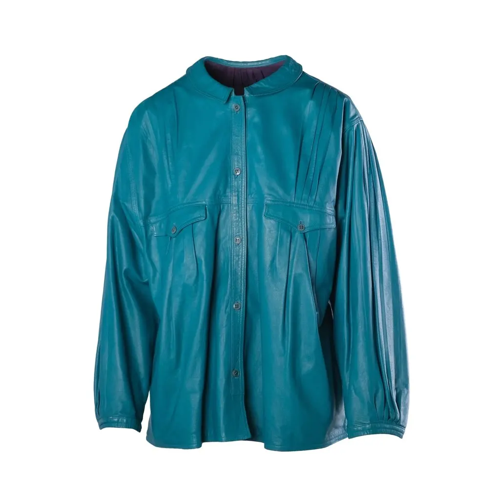 Unsigned Touche Vintage Turquoise Leather Oversized Blouse Jacket - '00s Purple Leather Good - Front View