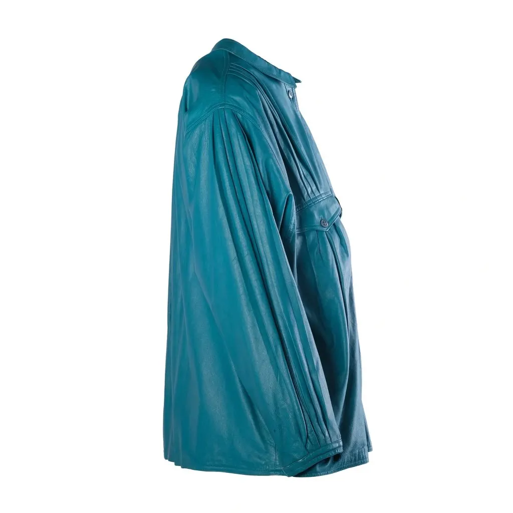 Unsigned Touche Vintage Turquoise Leather Oversized Blouse Jacket - '00s Purple Leather Good - Back View