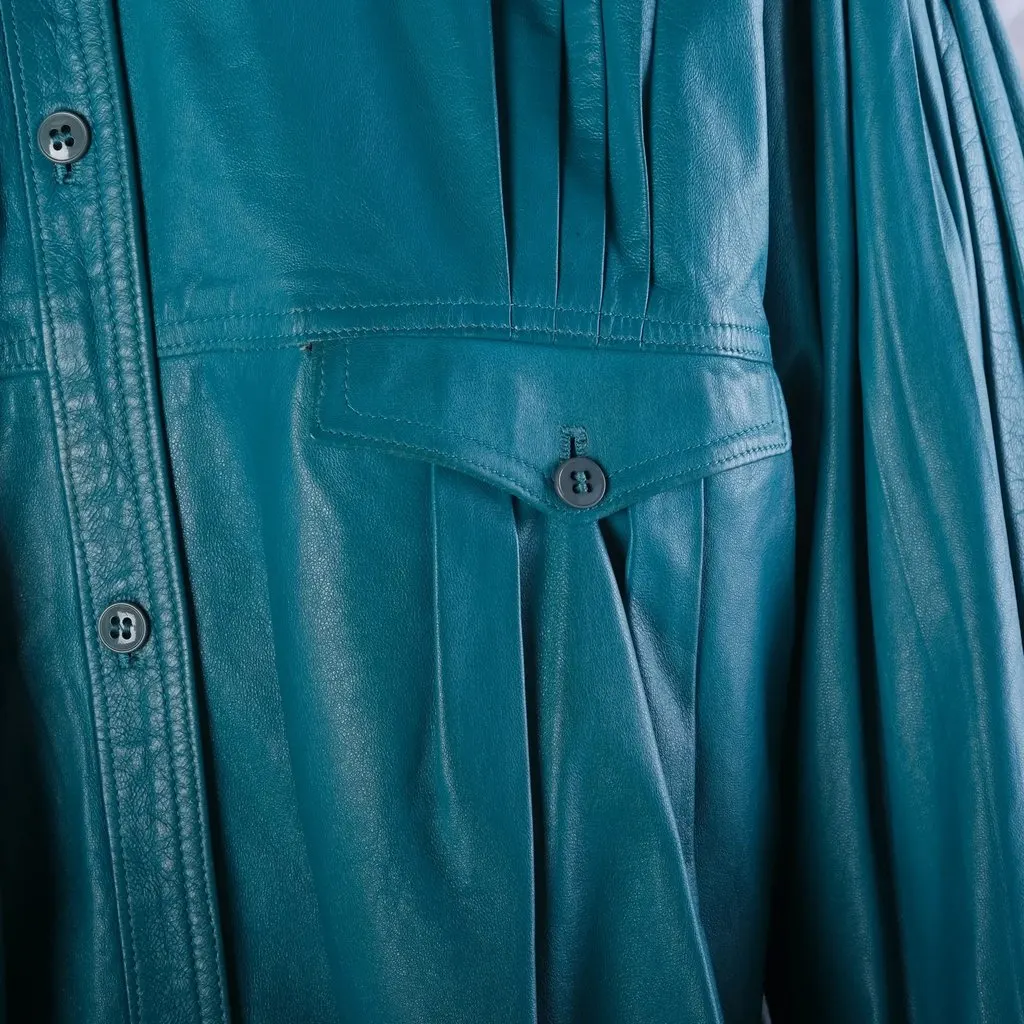 Unsigned Touche Vintage Turquoise Leather Oversized Blouse Jacket - '00s Purple Leather Good - Model View