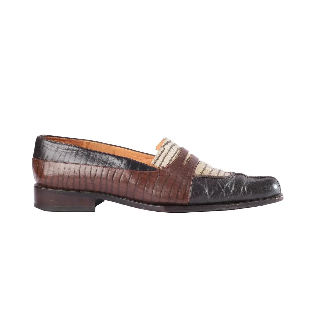 Unsigned Multicolor Croc-Embossed Leather Penny Loafers- '00s Beige Leather Good - Front View