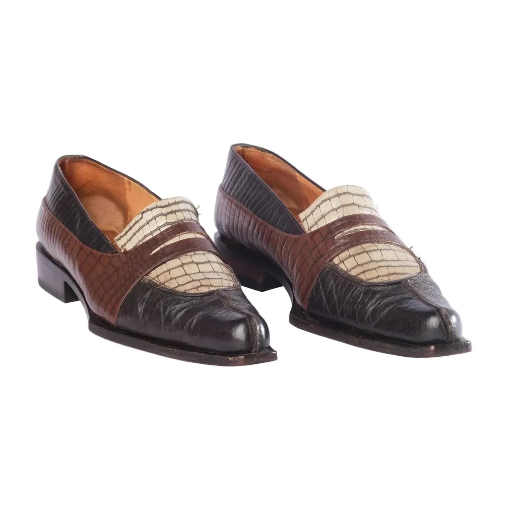 Unsigned Multicolor Croc-Embossed Leather Penny Loafers- '00s Beige Leather Good - Back View