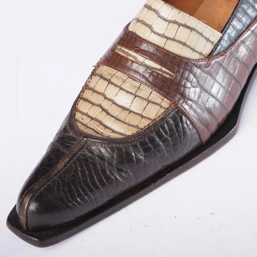 Unsigned Multicolor Croc-Embossed Leather Penny Loafers- '00s Beige Leather Good - Model View
