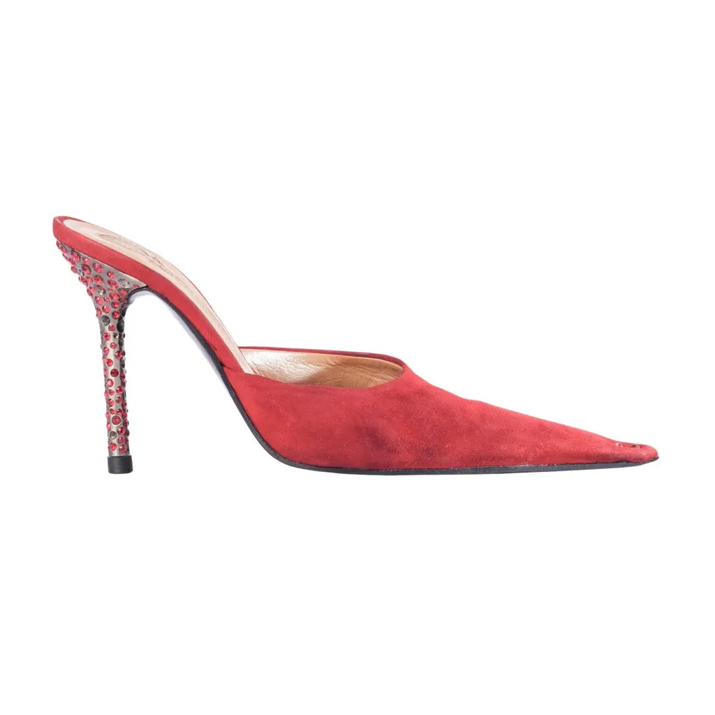 Unsigned Les Tropéziennes Red Suede Crystal Heel Pointed Mules- '00s Red Suede Good - Front View