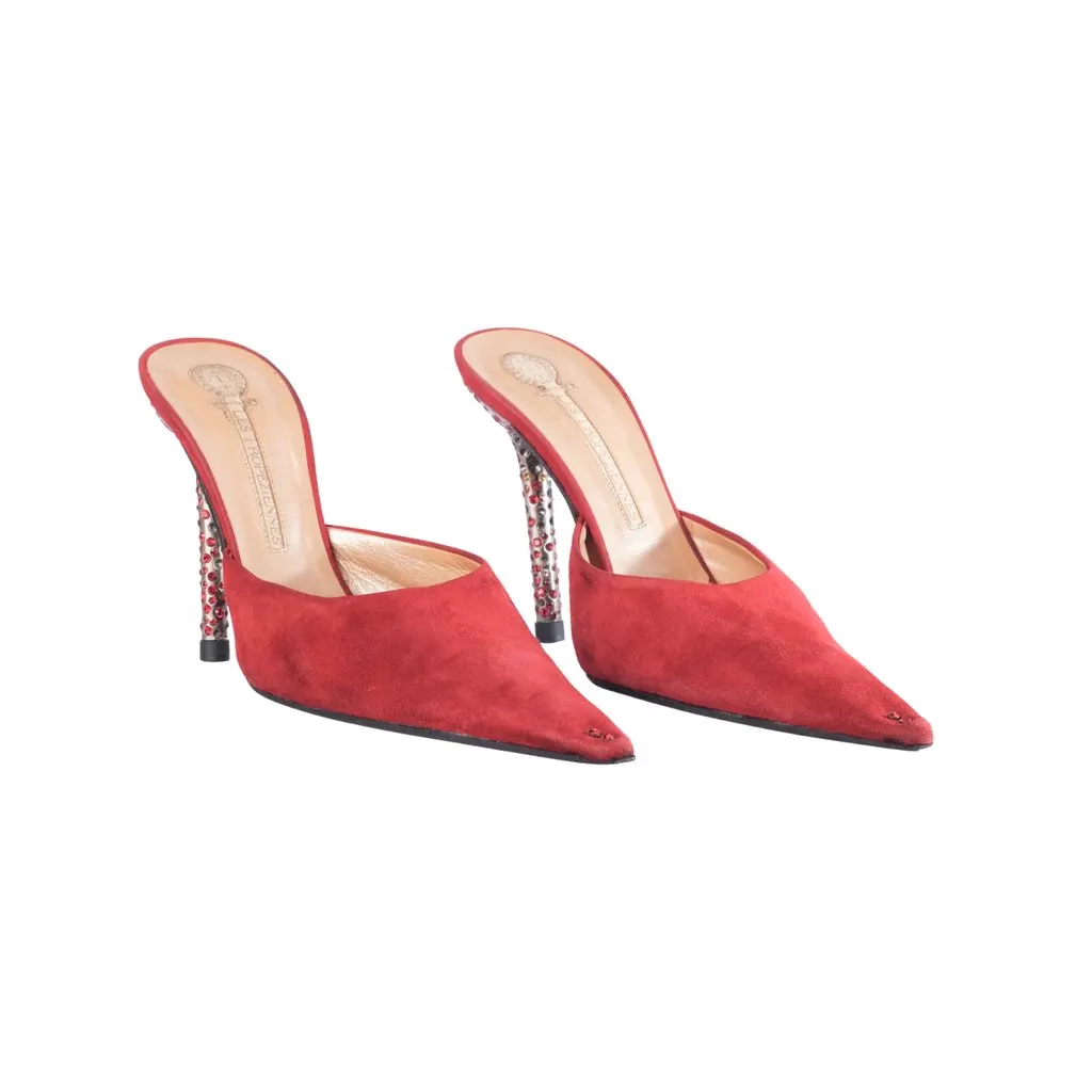 Unsigned Les Tropéziennes Red Suede Crystal Heel Pointed Mules- '00s Red Suede Good - Back View