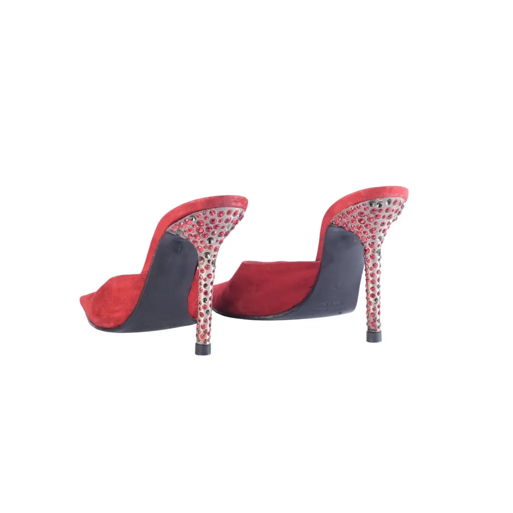 Unsigned Les Tropéziennes Red Suede Crystal Heel Pointed Mules- '00s Red Suede Good - Inside View