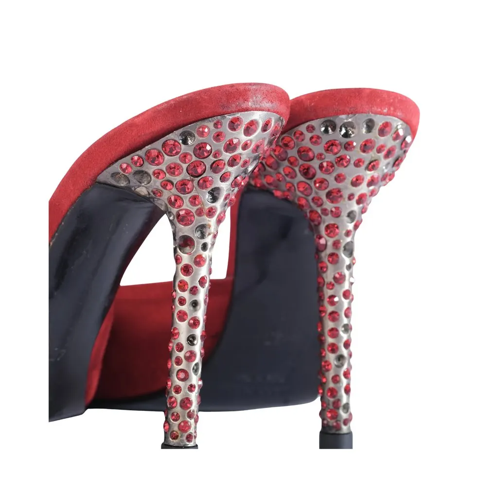 Unsigned Les Tropéziennes Red Suede Crystal Heel Pointed Mules- '00s Red Suede Good - Model View