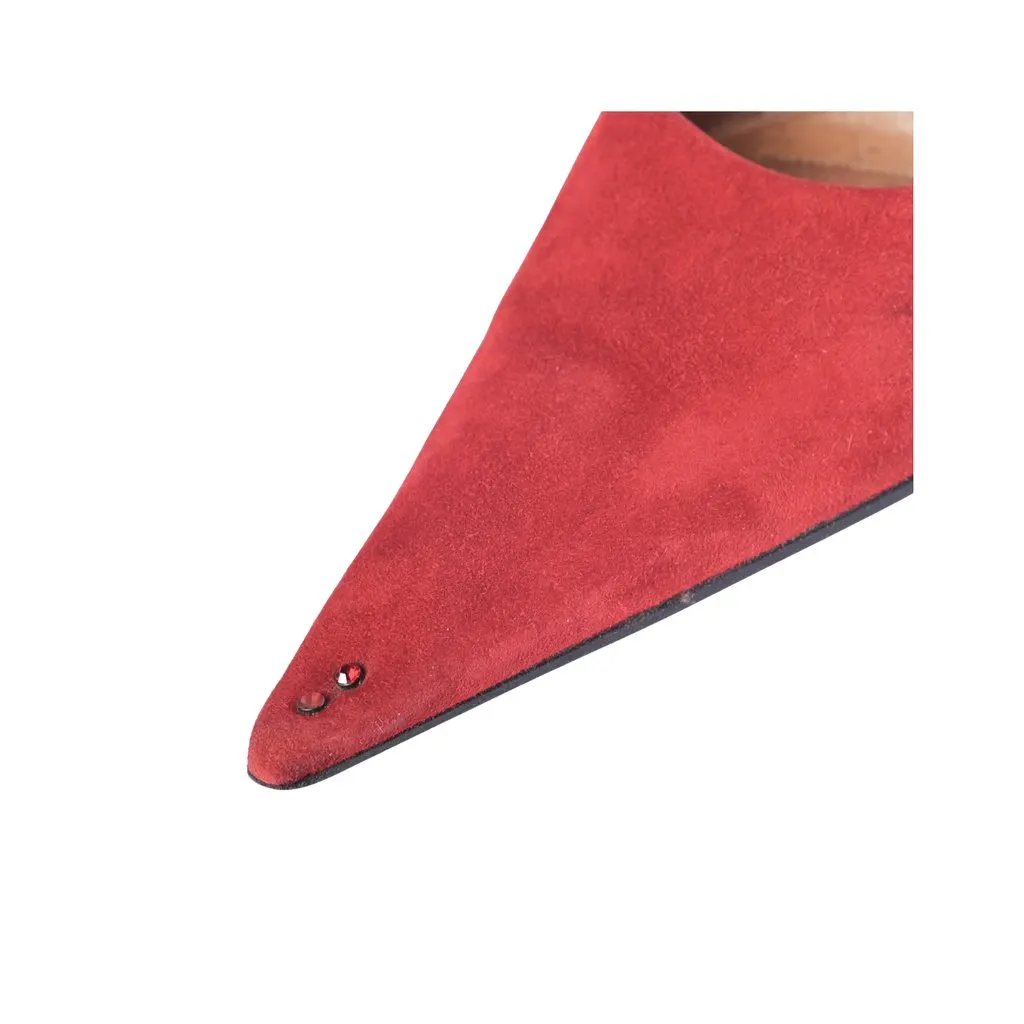 Unsigned Les Tropéziennes Red Suede Crystal Heel Pointed Mules- '00s Red Suede Good - Box View