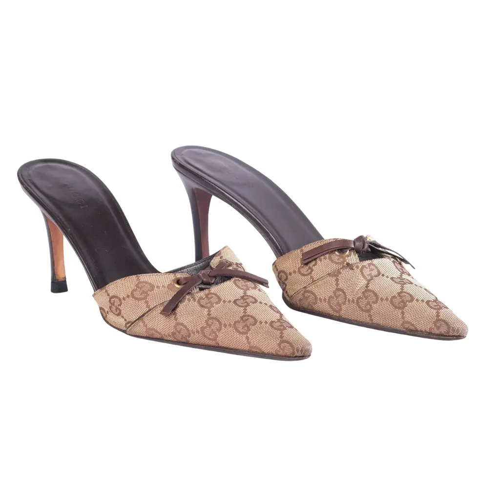 Gucci GG Canvas Pointed-Toe Mule Heels - '00s Brown Canvas Good - Back View