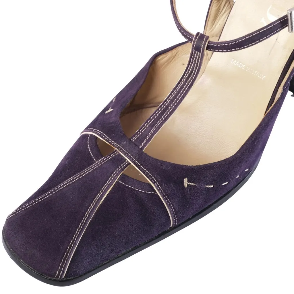 Prada Purple Suede T-Strap Pumps – '00s Purple Suede Good - Model View