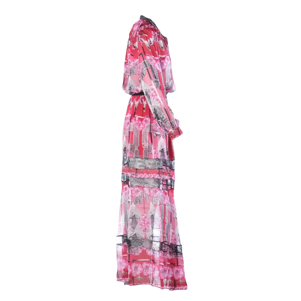 Unsigned John Richmond Pink Printed Silk Shirt & Maxi Skirt Set - '00s Pink Silk Good - Back View