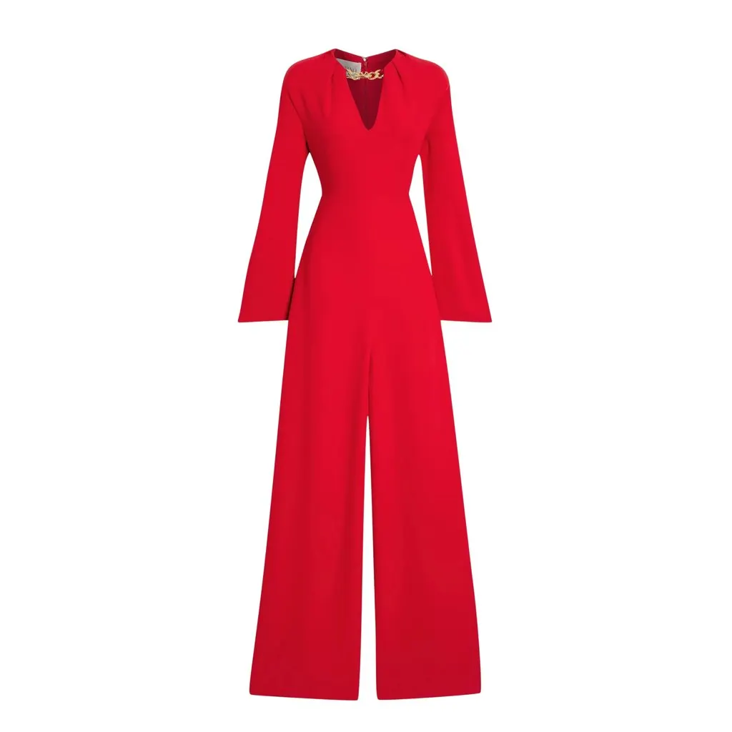 Valentino VLogo Chain-Embellished Red Silk-Crepe Wide-Leg Jumpsuit – ’20s