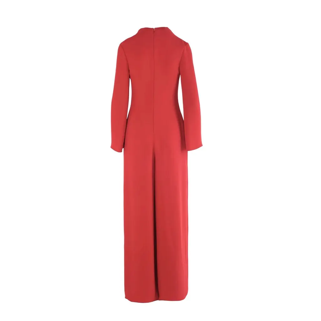 Valentino VLogo Chain-Embellished Red Silk-Crepe Wide-Leg Jumpsuit – ’20s Red Silk Good - Inside View