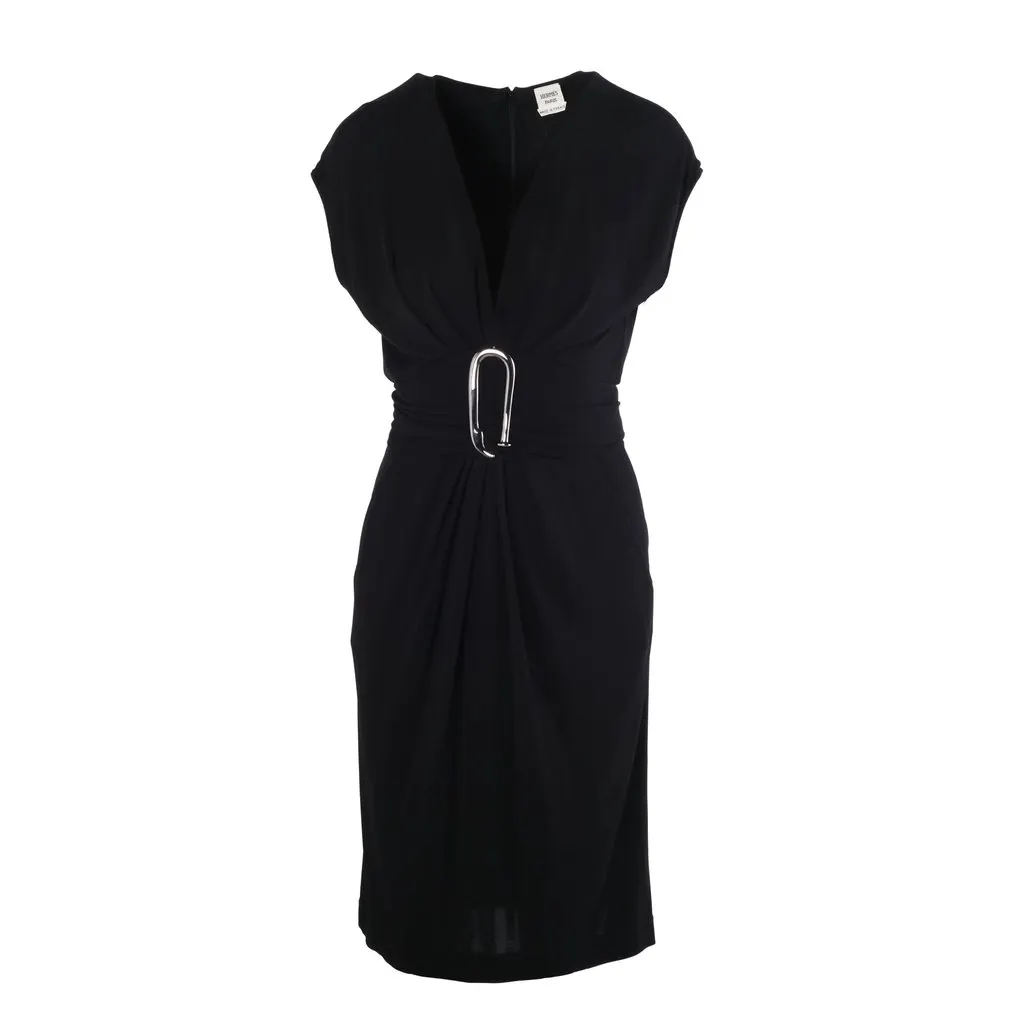 Hermès Black Draped Jersey Dress with Oversized Silver Hook Buckle – ’00s Black Good - Front View