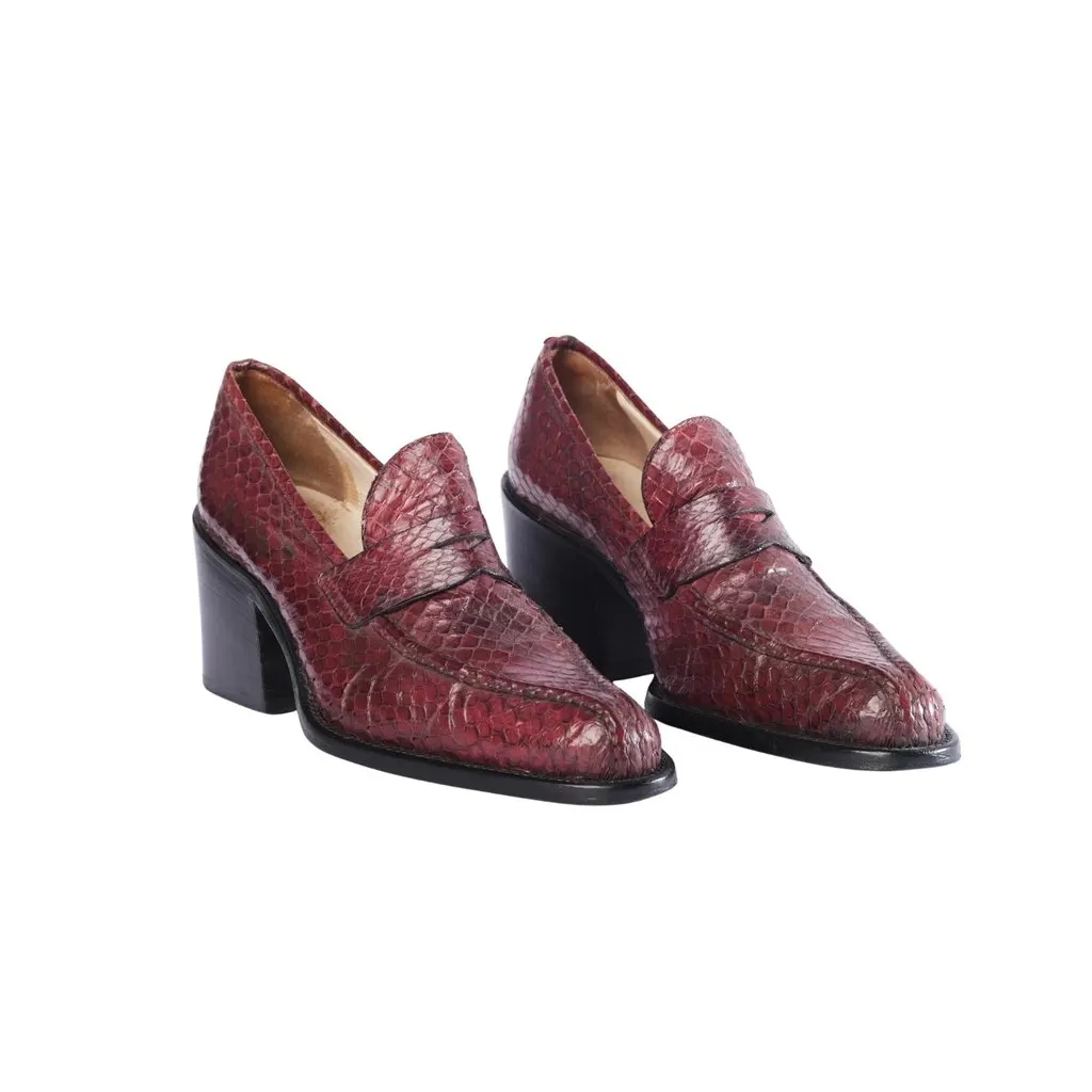 Miu Miu Vintage Burgundy Snakeskin Heeled Loafers - '90s Burgundy Leather Good - Back View