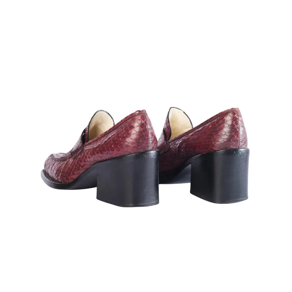 Miu Miu Vintage Burgundy Snakeskin Heeled Loafers - '90s Burgundy Leather Good - Inside View
