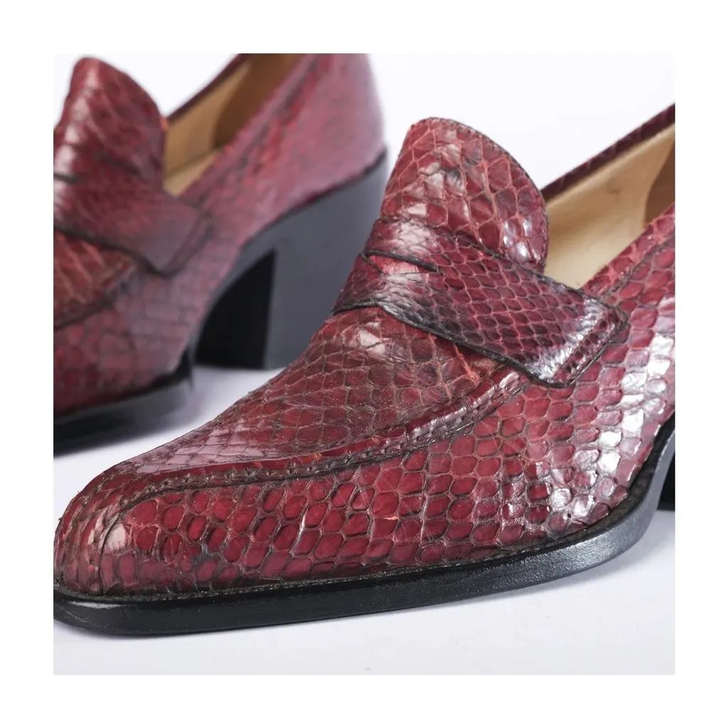 Miu Miu Vintage Burgundy Snakeskin Heeled Loafers - '90s Burgundy Leather Good - Model View