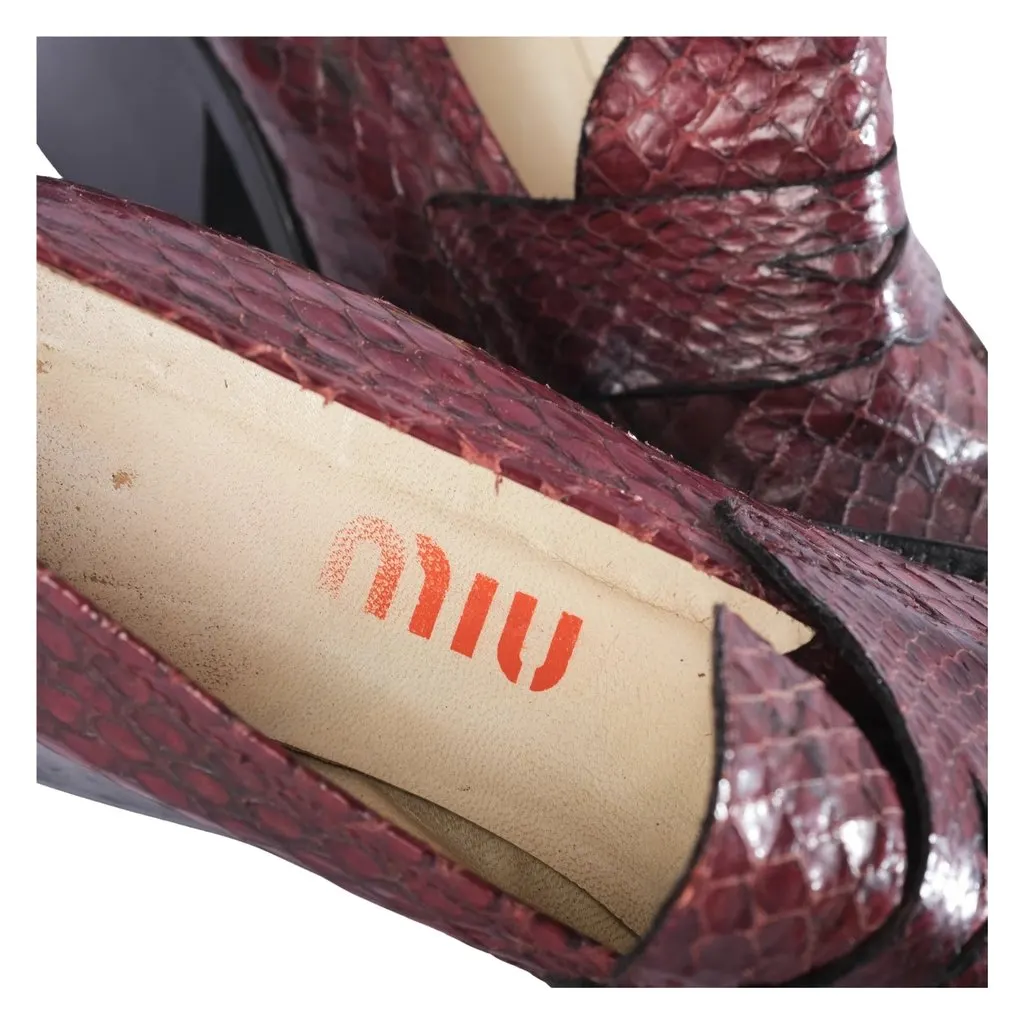Miu Miu Vintage Burgundy Snakeskin Heeled Loafers - '90s Burgundy Leather Good - Box View