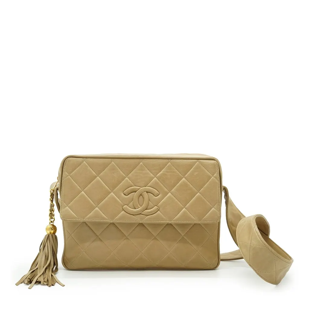 Chanel Shoulder Bag Vintage Camera Beige Leather Good - Front View