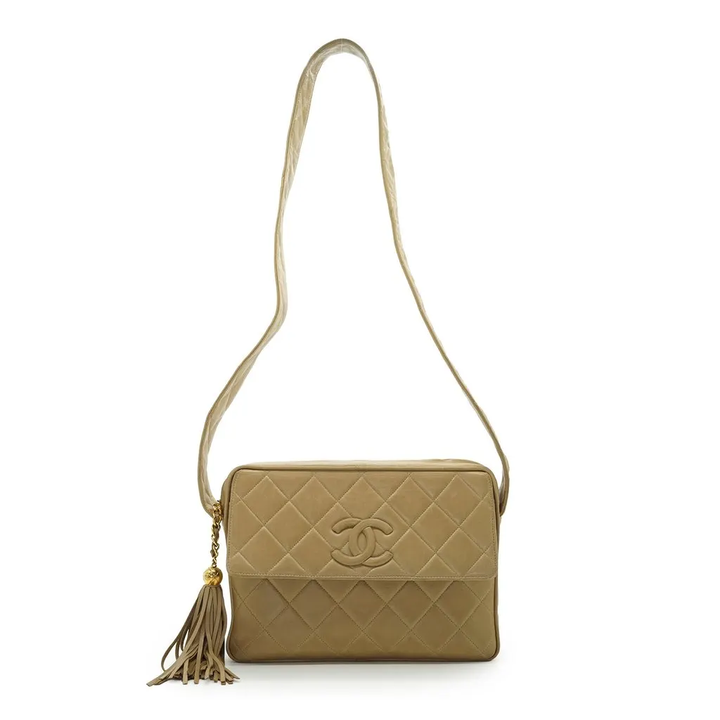 Chanel Shoulder Bag Vintage Camera Beige Leather Good - Back View