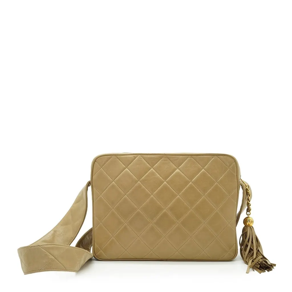 Chanel Shoulder Bag Vintage Camera Beige Leather Good - Inside View