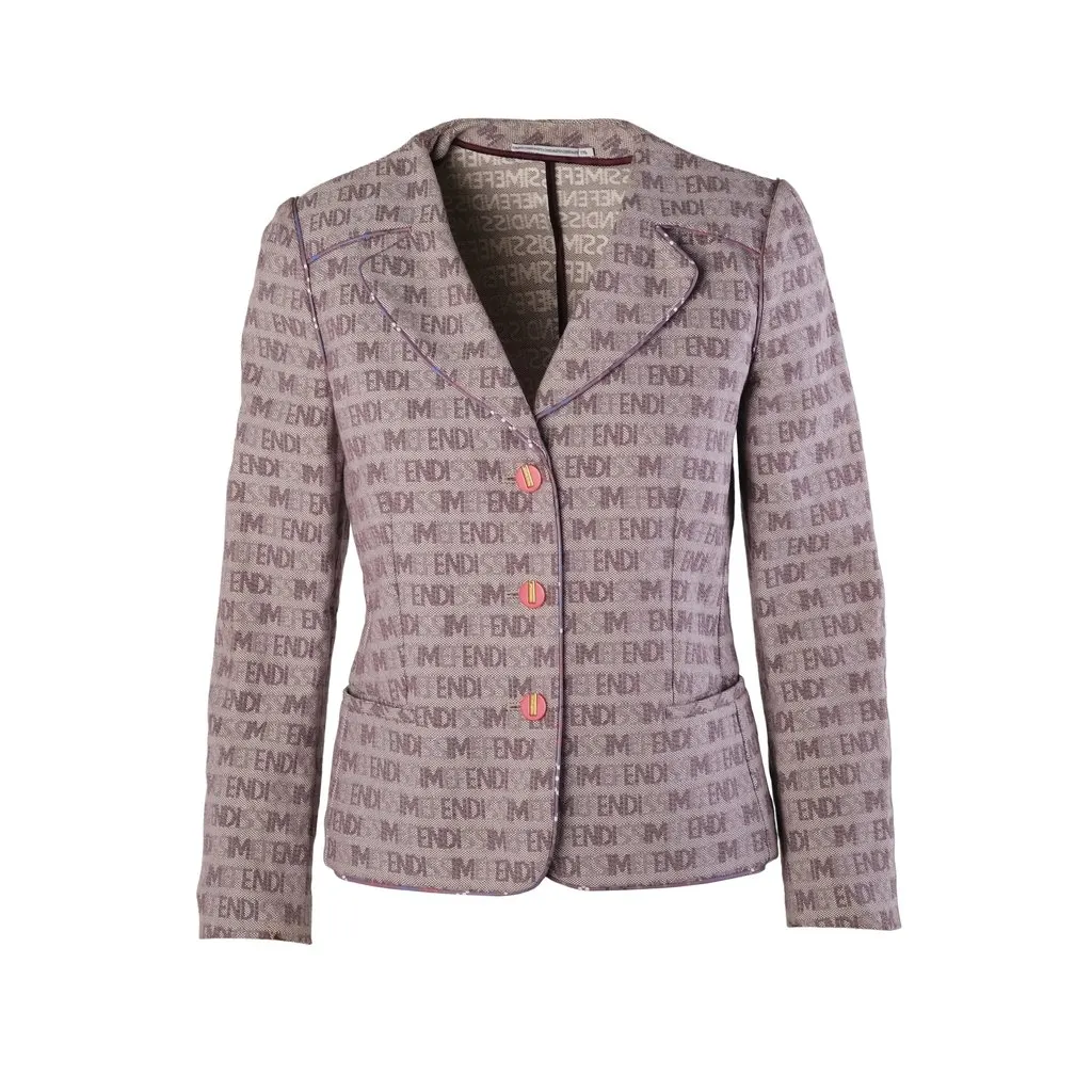 Fendi Fendissime by Fendi Pink Brown Logo Jacquard Tailored Blazer - '90s Brown Canvas Good - Front View