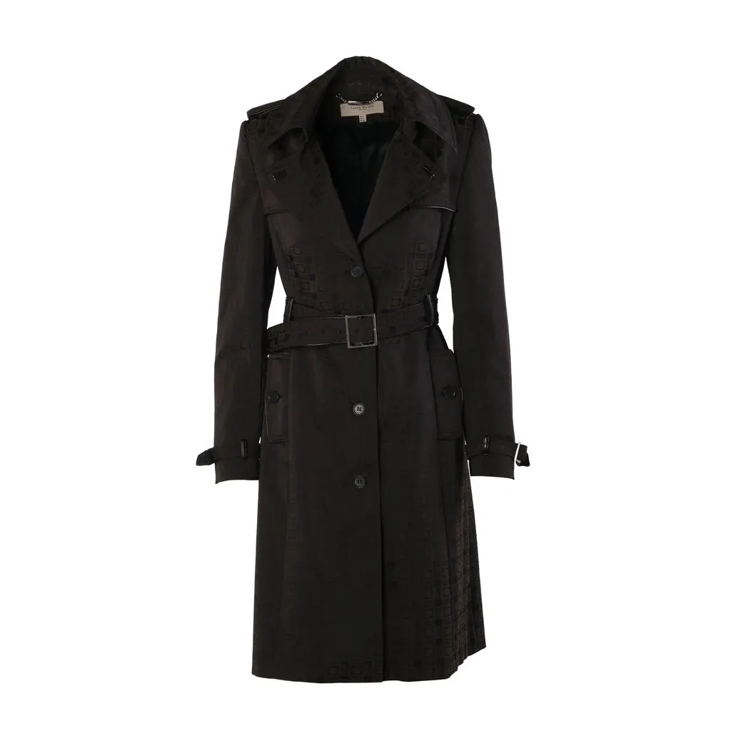 Unsigned Karen Millen Brown Monogram Jacquard Belted Trench Coat - '00s Brown Canvas Good - Front View