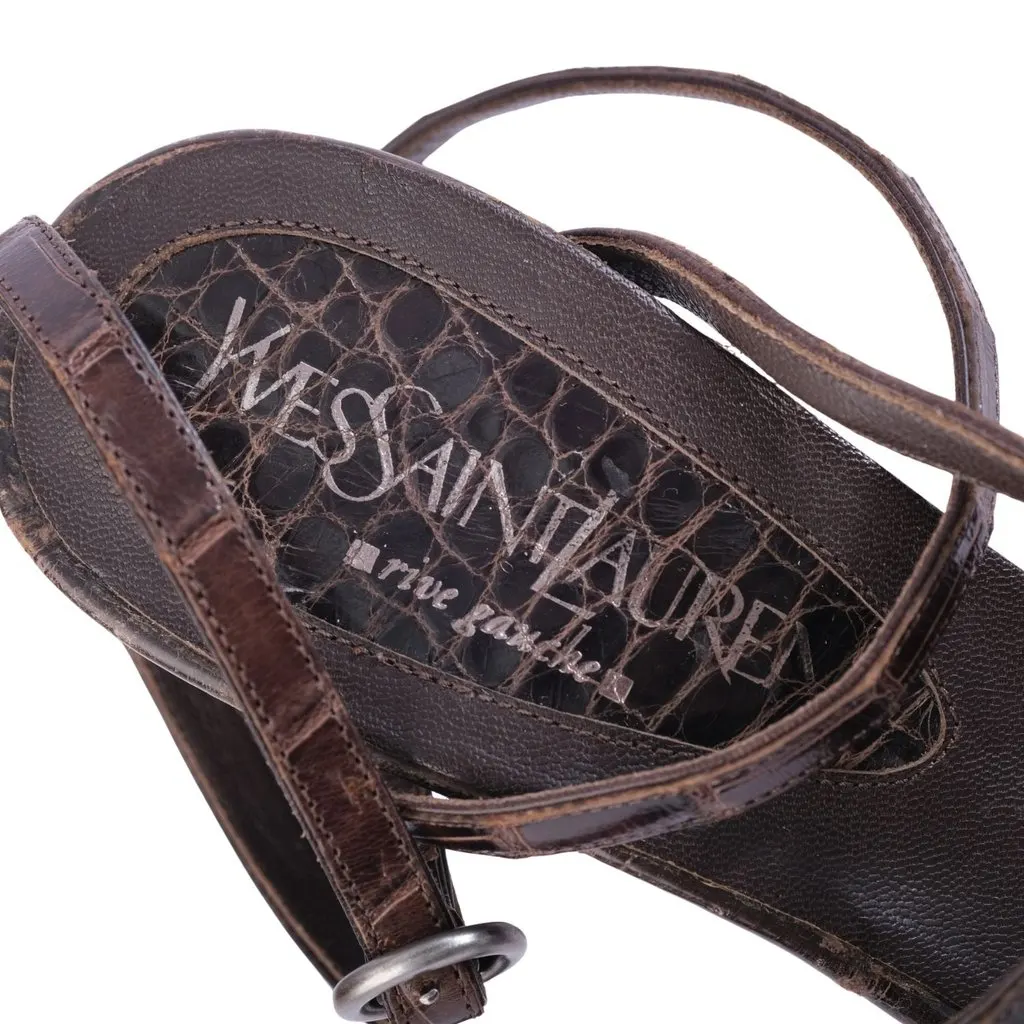 Saint Laurent Yves Saint Laurent Rive Gauche Brown Croc-Effect Platform Sandals - '00s Brown Leather Good - Model View