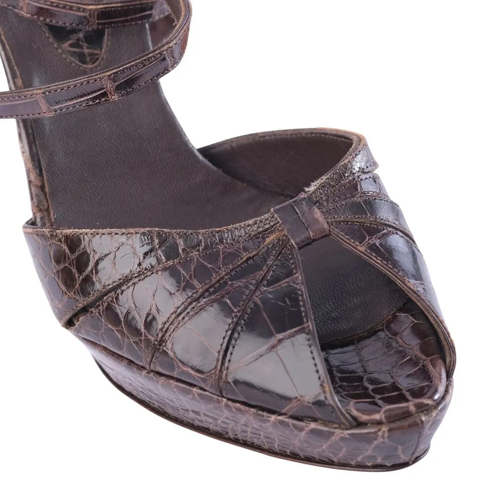 Saint Laurent Yves Saint Laurent Rive Gauche Brown Croc-Effect Platform Sandals - '00s Brown Leather Good - Box View