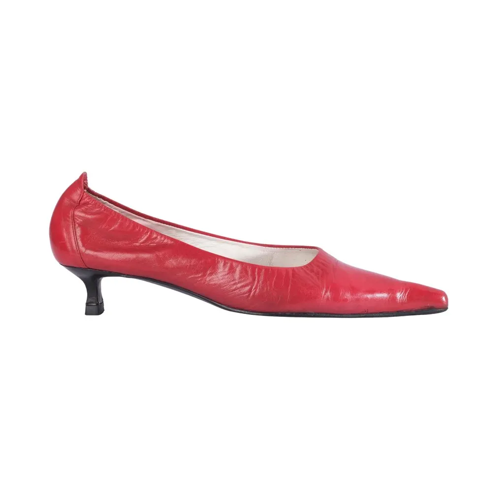 Unsigned Luciano Padovan Red Leather Pointed-Toe Kitten Heel Pumps - '90s Red Leather Good - Front View