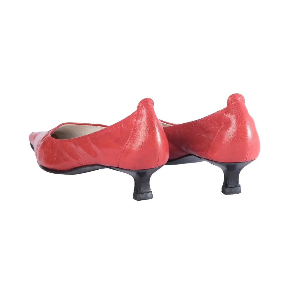 Unsigned Luciano Padovan Red Leather Pointed-Toe Kitten Heel Pumps - '90s Red Leather Good - Back View
