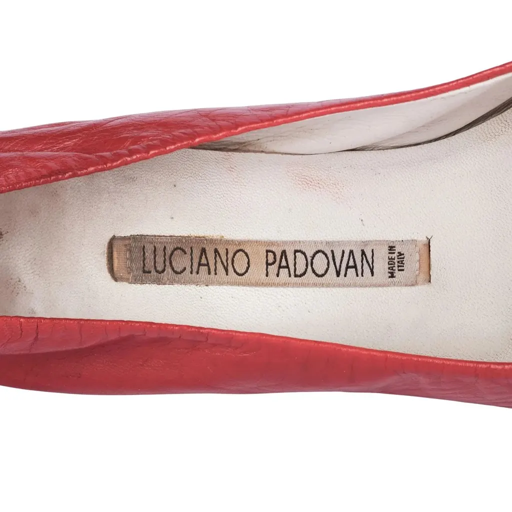 Unsigned Luciano Padovan Red Leather Pointed-Toe Kitten Heel Pumps - '90s Red Leather Good - Model View