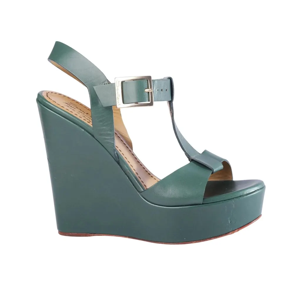 Unsigned Santoni Rose Collection Green Leather Platform Wedge Sandals - '10s Green Leather Good - Front View
