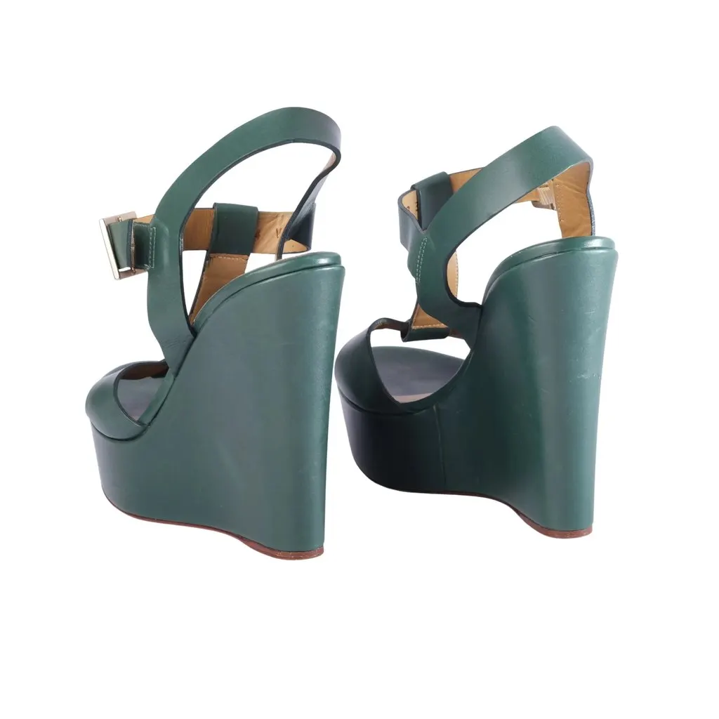 Unsigned Santoni Rose Collection Green Leather Platform Wedge Sandals - '10s Green Leather Good - Back View