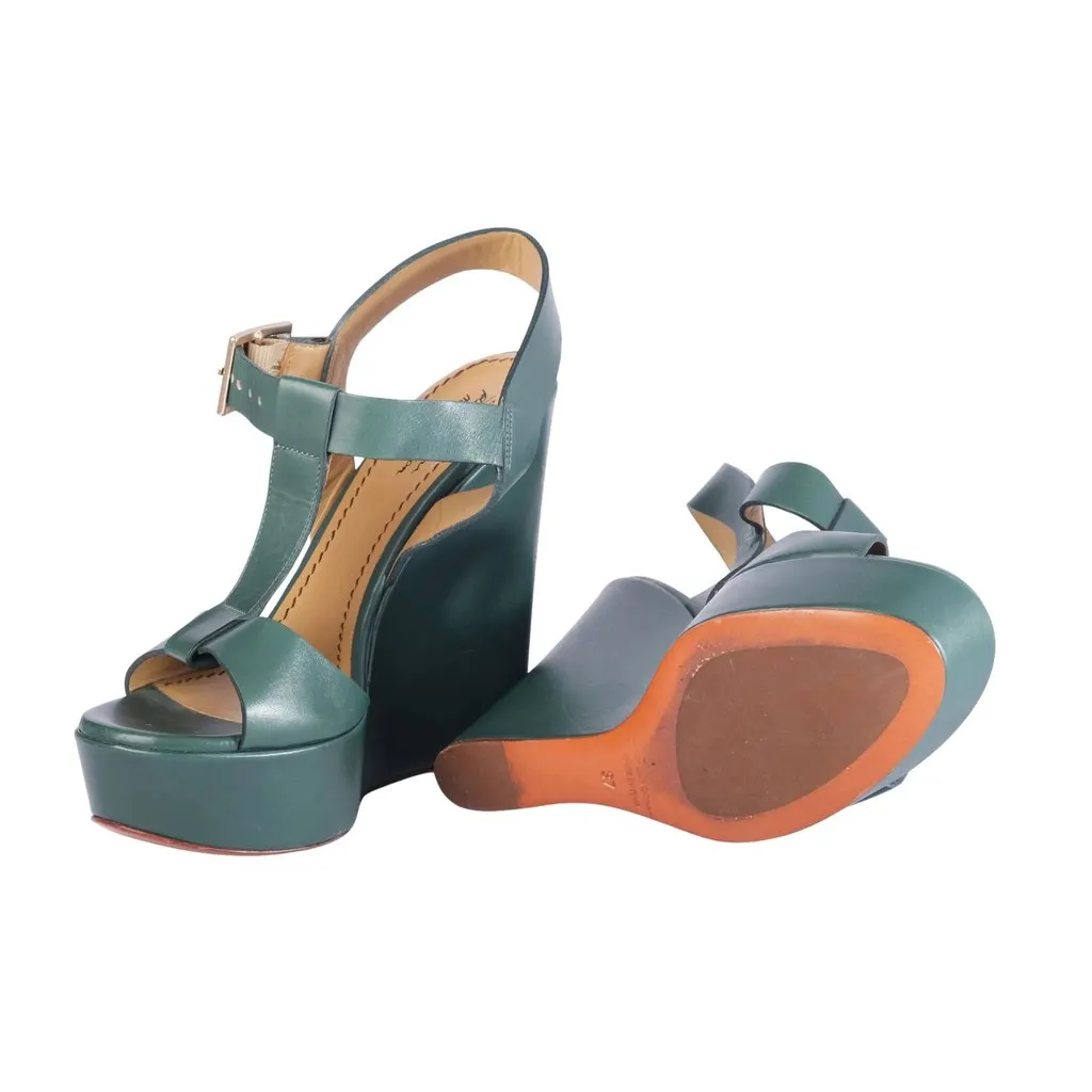 Unsigned Santoni Rose Collection Green Leather Platform Wedge Sandals - '10s Green Leather Good - Inside View
