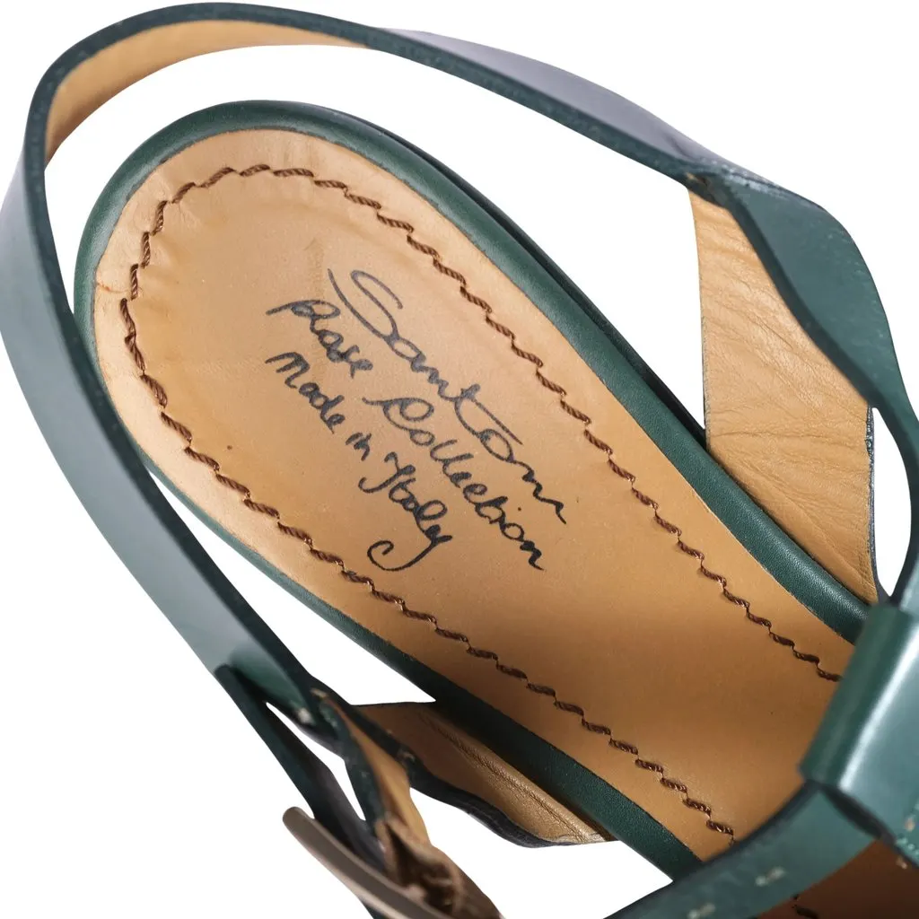 Unsigned Santoni Rose Collection Green Leather Platform Wedge Sandals - '10s Green Leather Good - Model View