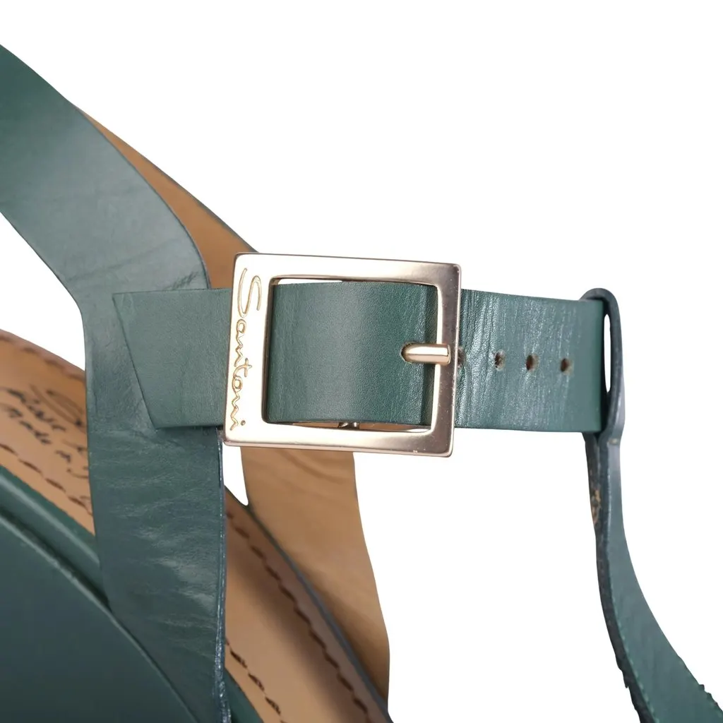 Unsigned Santoni Rose Collection Green Leather Platform Wedge Sandals - '10s Green Leather Good - Box View