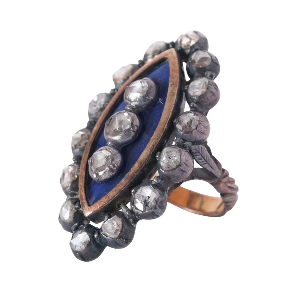 Unsigned Antique Blue Enamel White Brilliant-Cut Diamond Navette Ring - '30s White Good - Front View