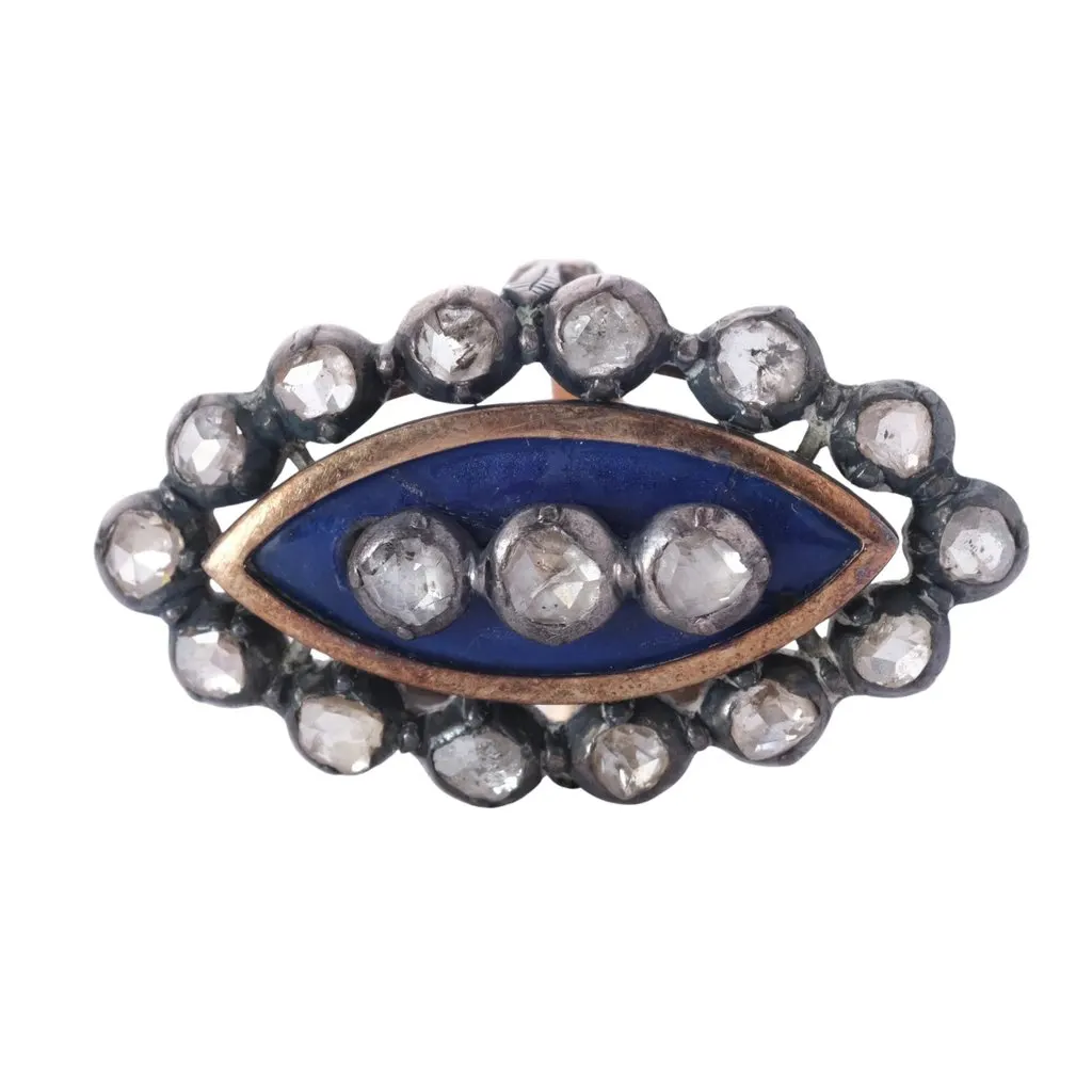 Unsigned Antique Blue Enamel White Brilliant-Cut Diamond Navette Ring - '30s White Good - Back View