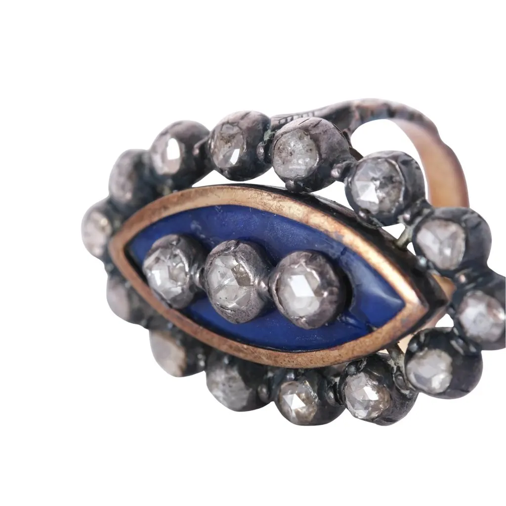 Unsigned Antique Blue Enamel White Brilliant-Cut Diamond Navette Ring - '30s White Good - Inside View