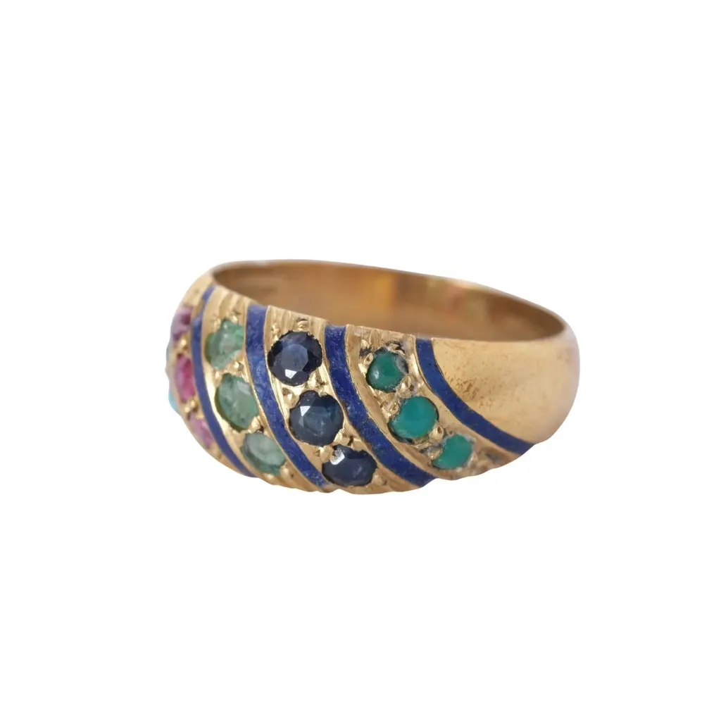 Unsigned Vintage 18K Yellow Gold Multicolor Gemstone & Blue Enamel Bombé Ring - '70s