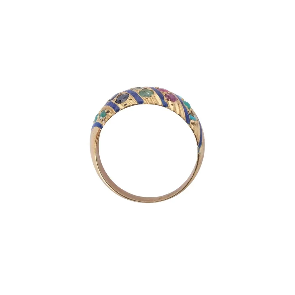 Unsigned Vintage 18K Yellow Gold Multicolor Gemstone & Blue Enamel Bombé Ring - '70s Blue Good - Back View